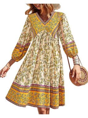 Women Yellow White Long Sleeve Floral Flowy Boho Babydoll Mini Short Dress